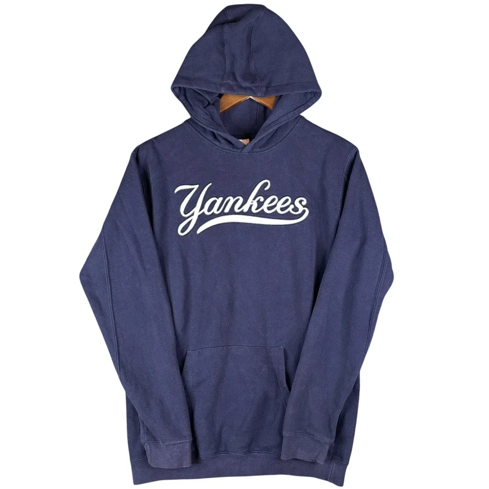 Majestic New York Yankees Hoodie Navy Blue Script Logo Pullover Youth XL Y2K